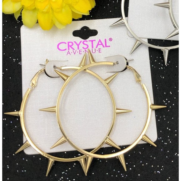 🌼 Gold Spike Punk Rock Hoop Earrings - Picture 1 of 2